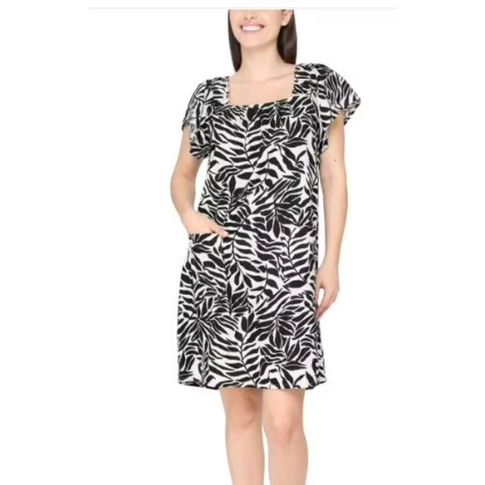 Nicole Miller Women's Size XL Pockets Black Linen Blend Short Sleeve Dress NWT